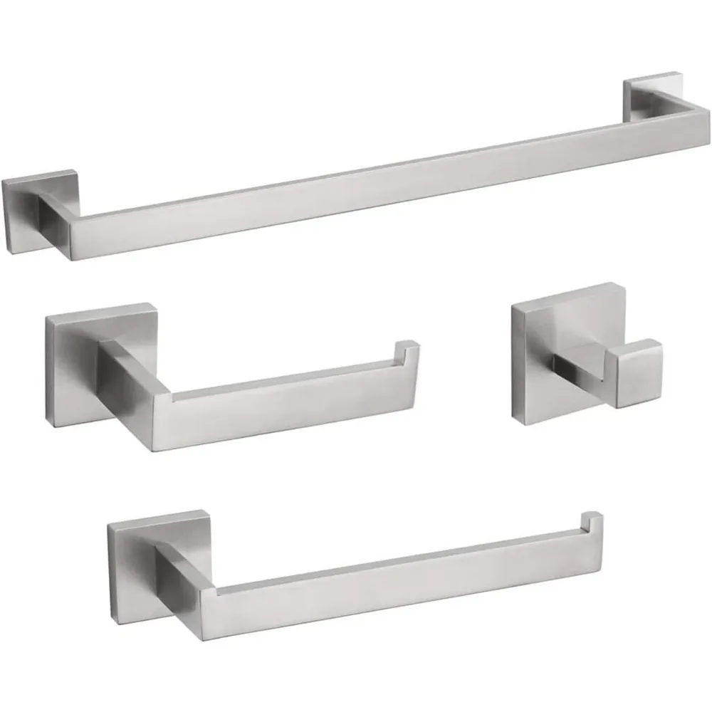 

4-Piece Bathroom Hardware Set: Towel Rack, Bar, Holder, Hooks in Modern Square Stainless Steel Brushed Nickel