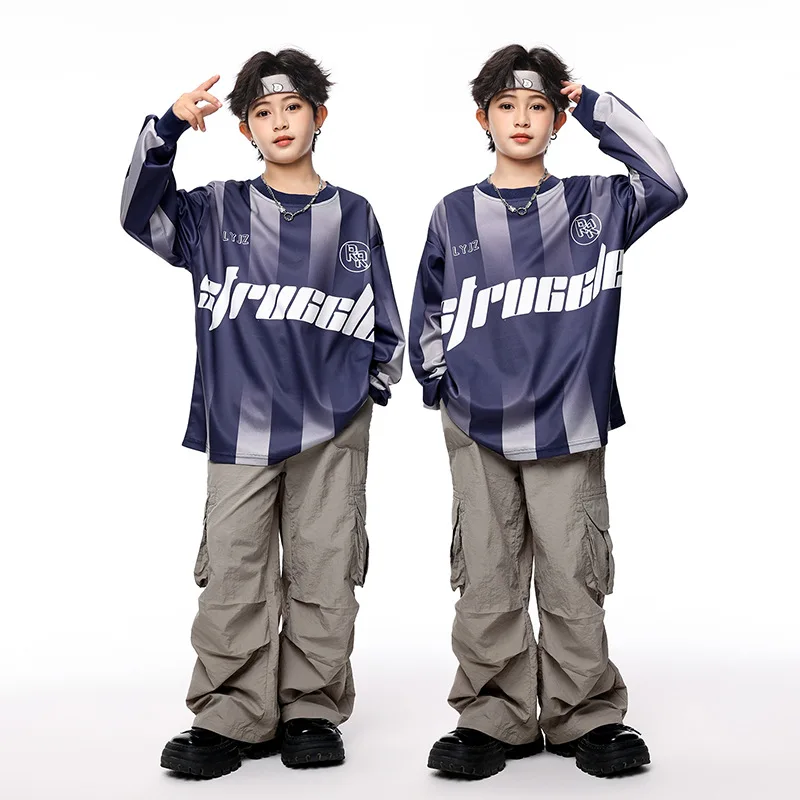 

Kid Hip Hop Clothing Navy Striped Sweatshirt Top Gray Casual Pockets Ruched Cargo Pants for Girl Boy Jazz Dance Costume Clothes