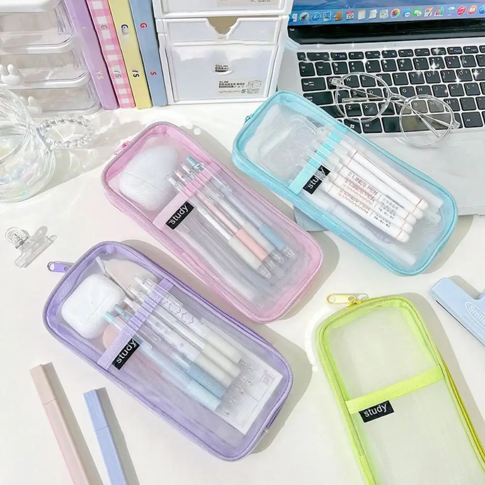 Simple Transparent Mesh Pencil Case Wear-resistant Korean Aesthetic Rectangles Pen Bag Large Capacity Examination Dedicated