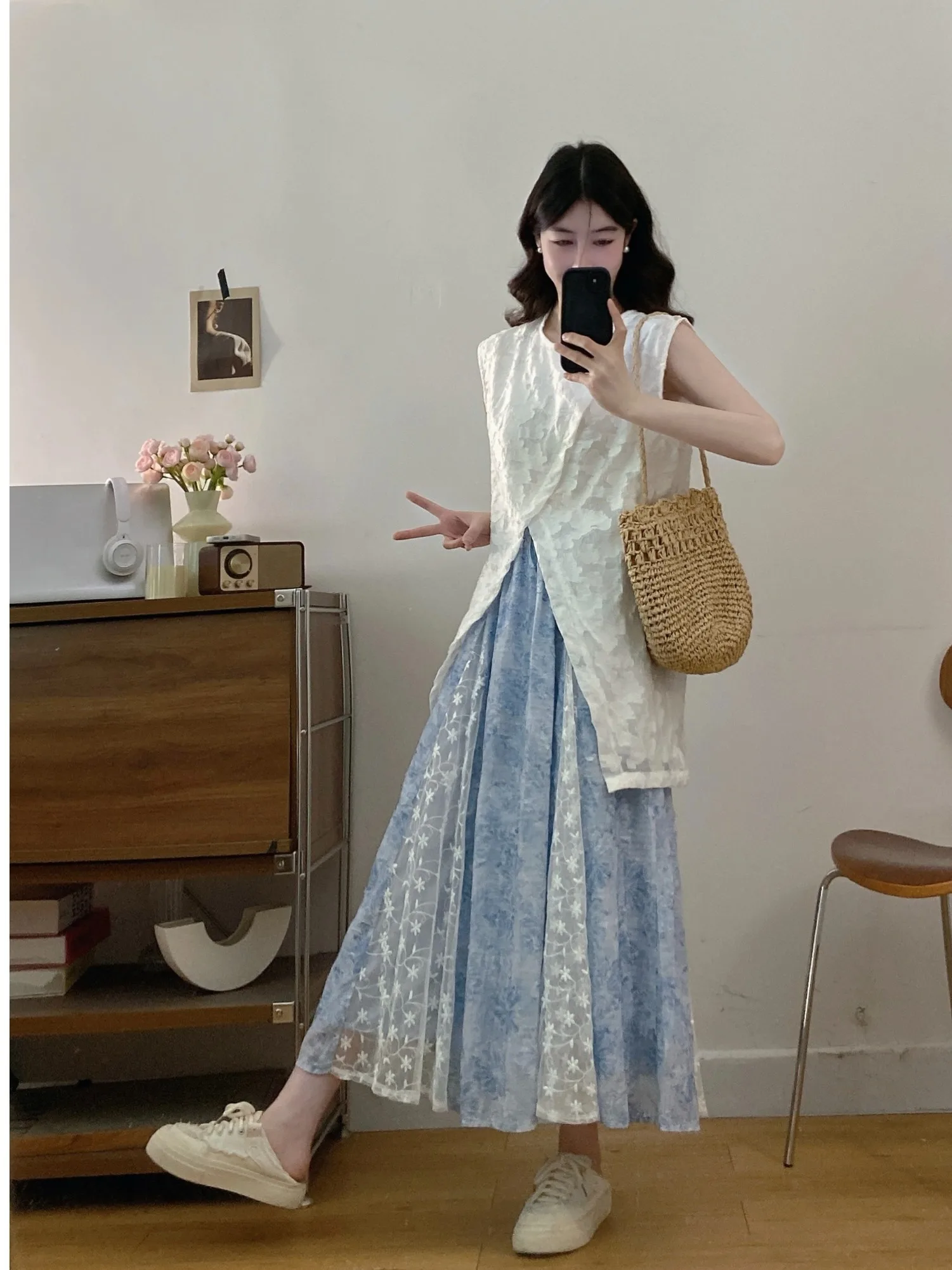 

plus Size Women's Summer Lace Panel Split Hollow out Fashion Skirt Korean Style Casual round Neck A-Line Midi Skirt