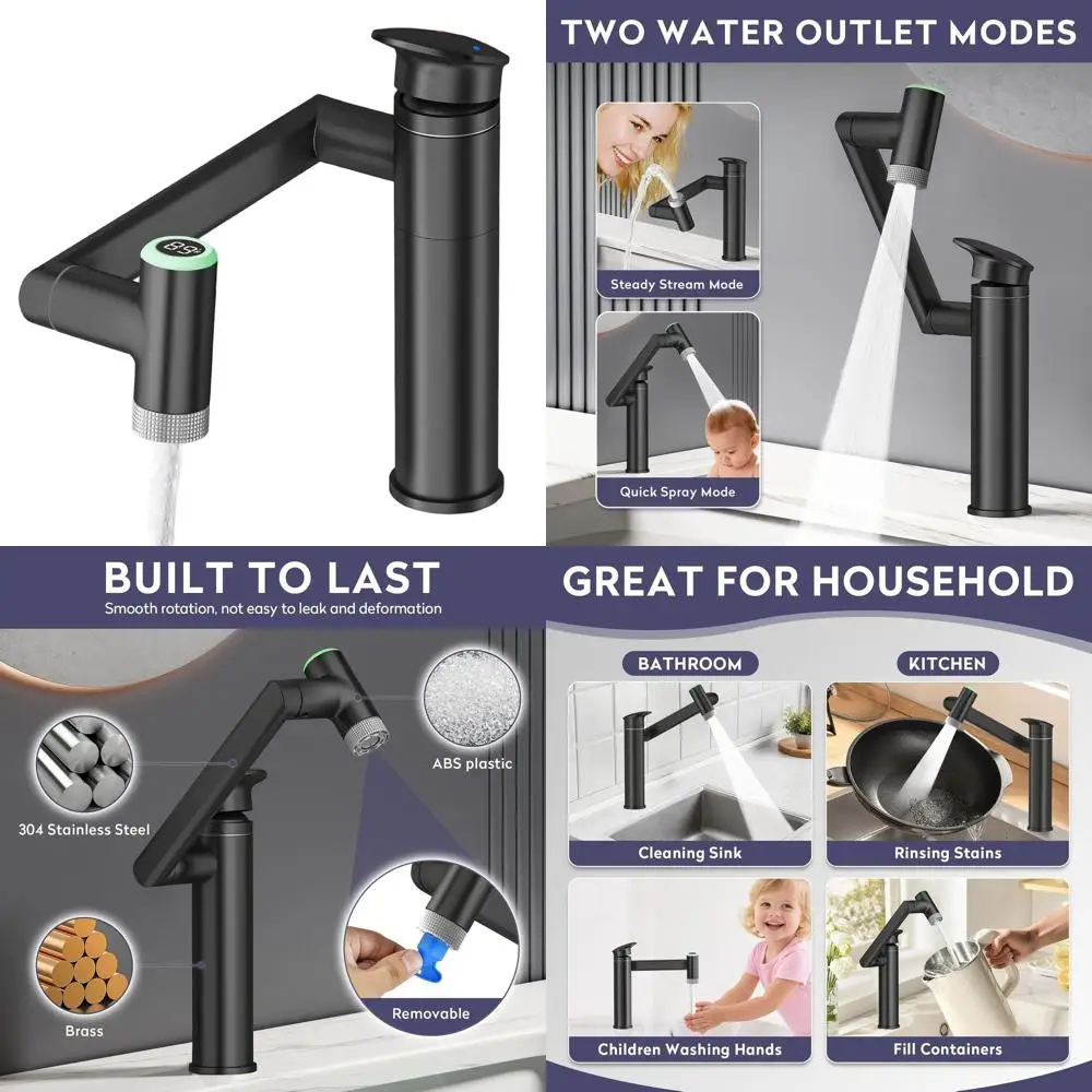 

Adjustable Height, 1-Hole LED Color-Change Single Lever Bathroom Faucet with Temperature Display (Black)
