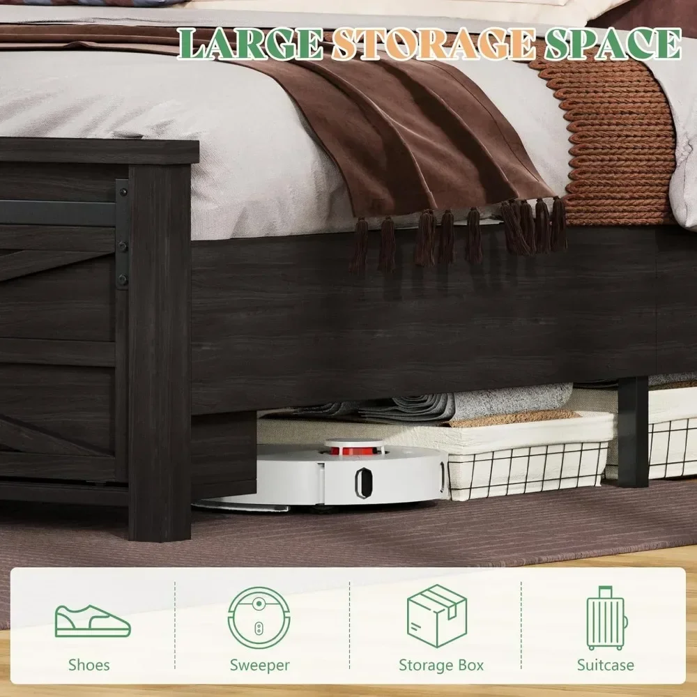 Full Bed Frame with Sliding Barn Door Storage Cabinets & Headboard，Solid Wood Slats Support，No Squeak，Wood Bed Frame