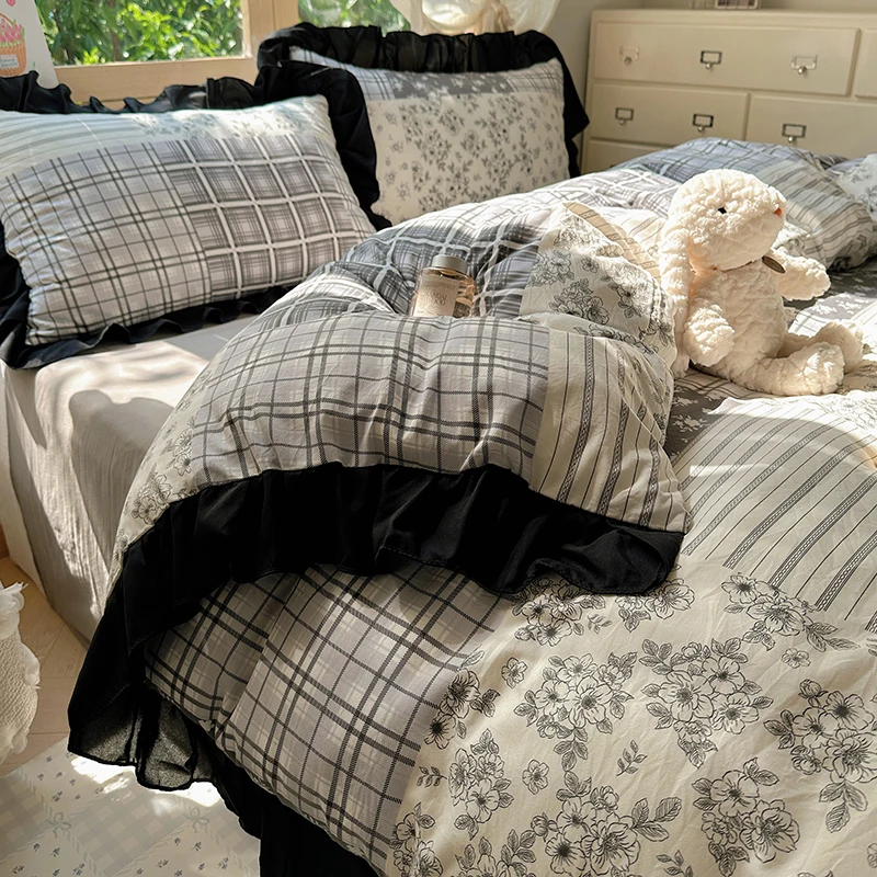 

MissDeer Queen Size Duvet Cover Sets with Black Ruffles King Size Bed Cover Sets Reactive Printed Bedding Set Single Bed Linens