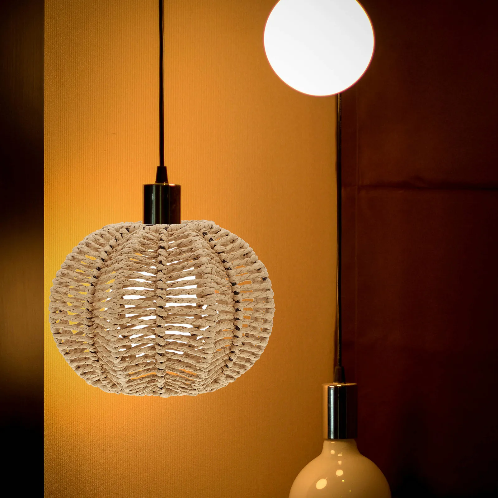 Paper Rope Lamp Shade, Handmade Woven Hanging Light Cover for Farmhouse Bedroom Restaurant Decor