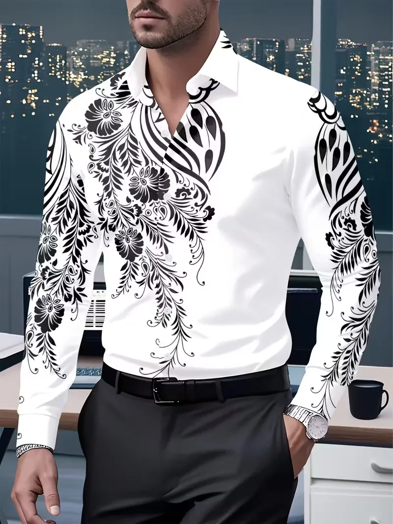 قميص رجالي كاجوال بأكمام طويلة مطبوع عليه زهور ثلاثي الأبعاد بتصميم أبيض وأسود، قميص كاجوال بأزرار سفلية