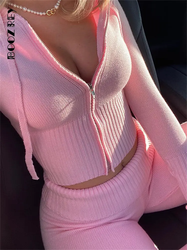 BoozRey Women Spring Outfits Long Sleeve Zipper Hoodie High Waist Flare Pants Knitted Casual Suit Pants Two Piece Set Tracksuit