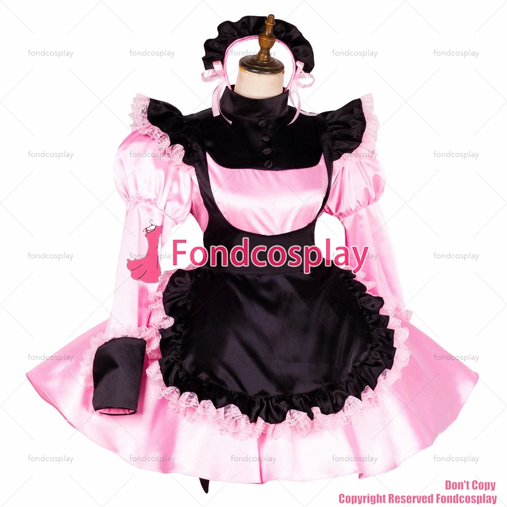 fondcosplay adult sexy cross dressing sissy maid short lockable baby pink satin dress Uniform black apron CD/TV[G1792]