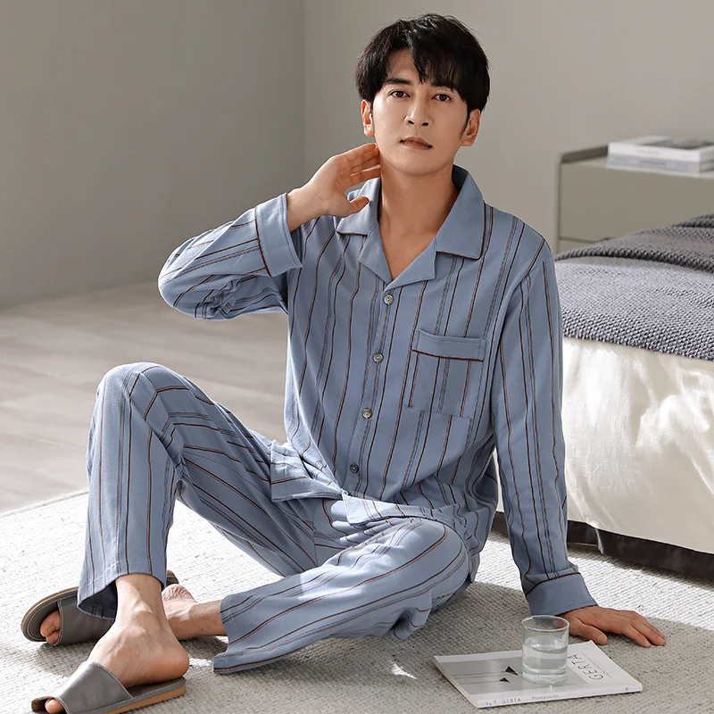 2024 Winter Cotton Pajama Men Blue Stripe Sleepwear Warm Pyjama Homme Home Clothes PJ Set 100% Cotton Pijama Hombre Invierno