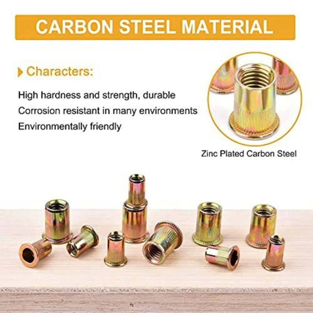 520pcs Carbon Steel Metric Color Zinc Rivet Nuts Sets 1/2 3/8 4/16 Vertical Stripe Flat Head Rivet Nuts 830pcs M3-m12 Nuts