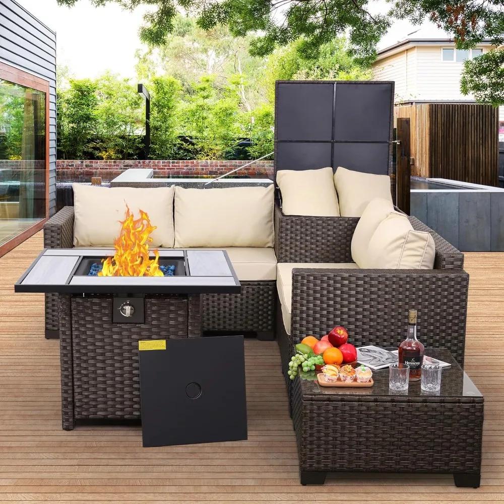 5 Pieces Patio Furniture Set with Storage Bin Coffee Table and Pit and Anti-Slip Khaki Cushion, Patio Furniture Set