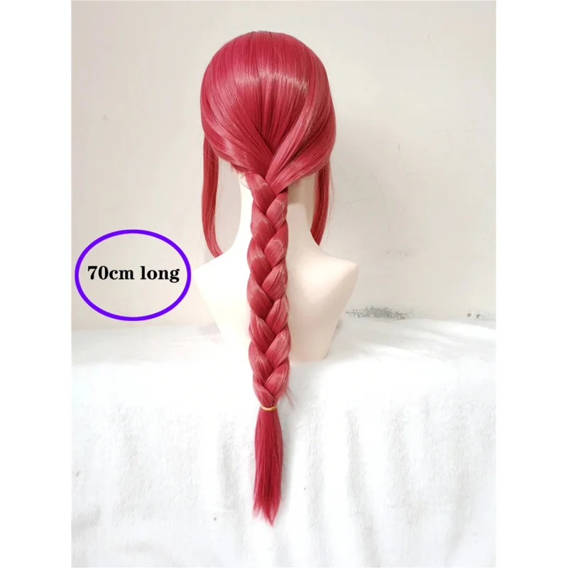 ماكيما أنيمي COS 70 سنتيمتر طويل أحمر مضفر تأثيري مقاومة للحرارة الشعر هالوين شعر مستعار للحفلات + غطاء شعر مستعار