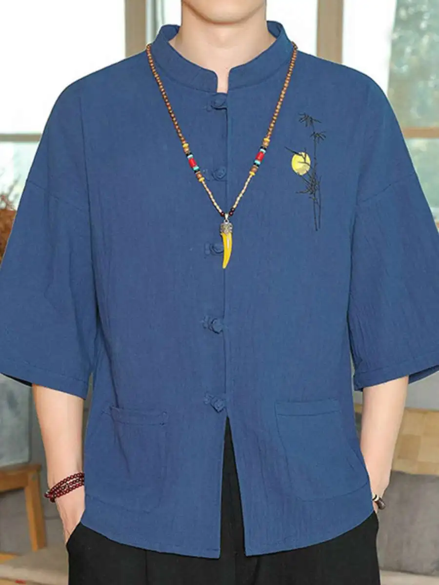 

Loose Men's Linen irt ort Sve Cotton Linen Color Simple Embroidery Top Summer Faion Men's Clothing