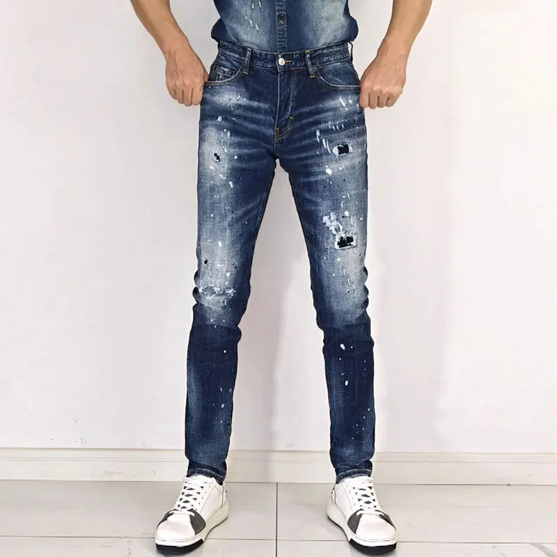 

Джинсы мужские Стрейчевые в стиле ретро, модные рваные джинсы Slim Fit, Брендовые брюки с дырками и заплатками в стиле хип-хоп, синие