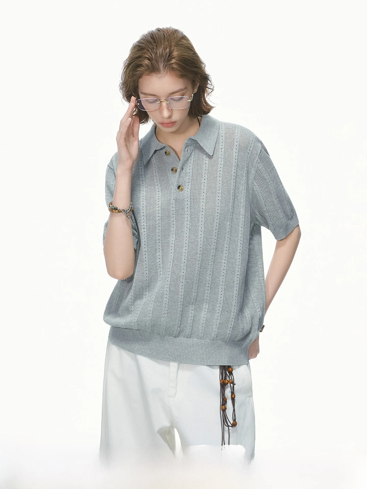 Dream Made Hollow out Knitted Short Sleeve  Shirt Commute T Shirt Men's Casual Breathable Cotton Top for Youth Commuting