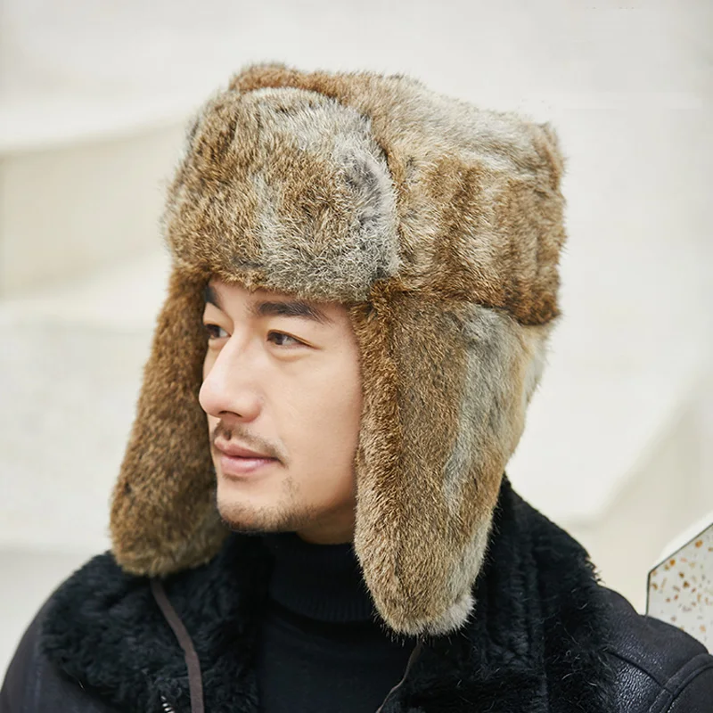 Fur Cap Men Winter Genuine 100% Rabbit Fur Bomber Hat Windproof Warm Earmuffs Male Flat Grey/Black Russian Hat Fitted Casquette