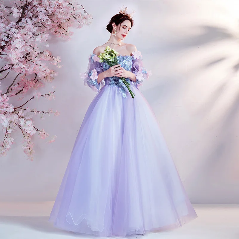 

2025 Spring New Dreamy Purple Trumpet Sleeve Bridal Wedding Toast Dress Annual Performance One Shoulder Evening Dress