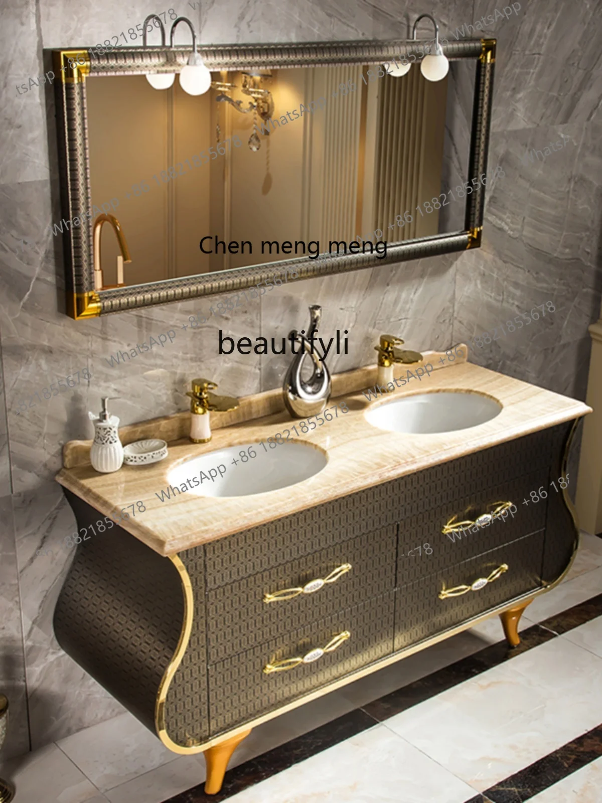 New Chinese style stainless steel bathroom cabinet combination double basin floor cabinet washbasin marble Nordic washbasin