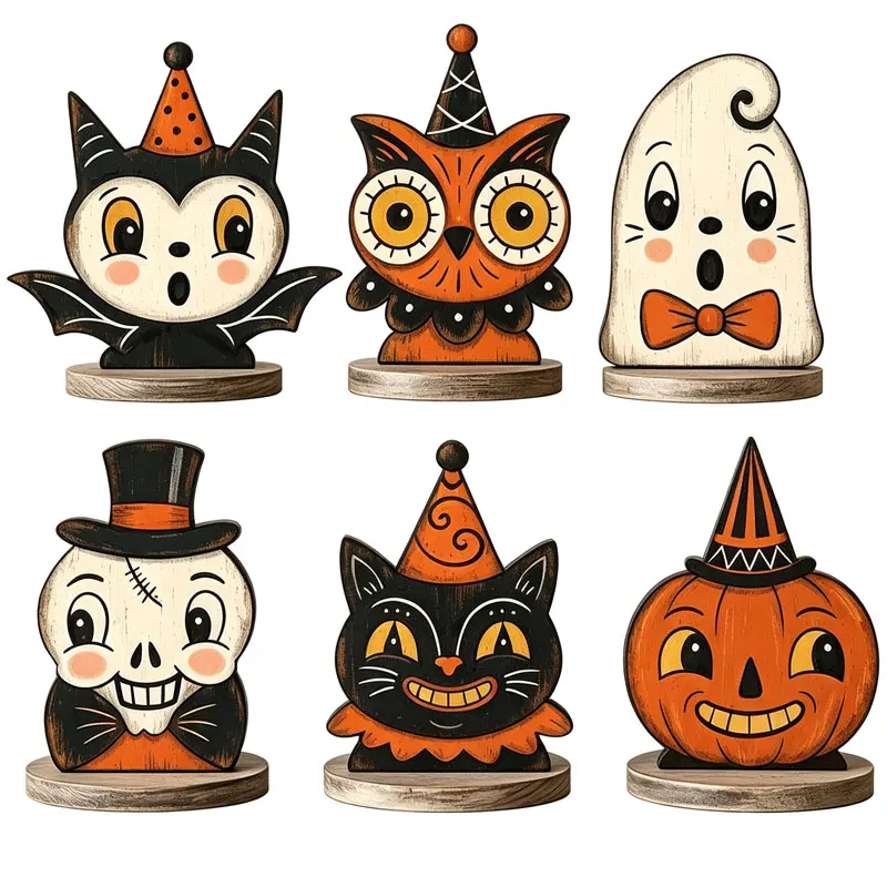 3pcs Halloween Wooden Desktop Tray Ornaments for Home Indoor Decor, Cute Ghosts, Pumpkins, Black Cats, Skulls, Witch Cats, Owls