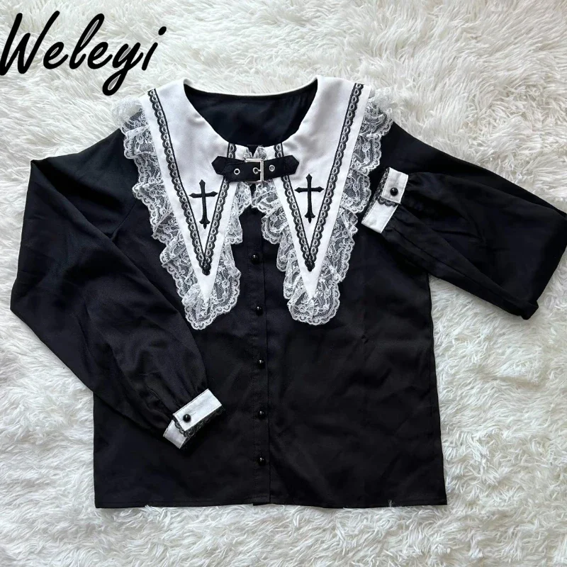 Mine Women's Diablo Halloween Cross Embroidery Shirt 2024 New Punk Japanese Style Ladies Long Sleeve Navy Collar Lace Top Female