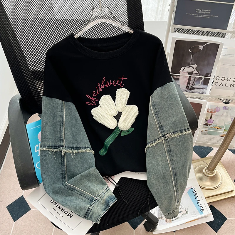 Women\'s O-Neck Pullovers Spring Autumn Thin Denim Patchwork Long Sleeve 3D Floral High Street Chic Sweatshirt for Ladies