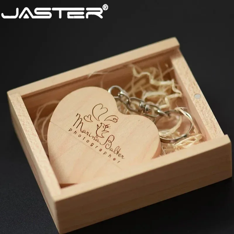 JASTER Free custom logo Walnut wooden heart + gift box USB flash drive Creative Pendrive 8GB 16GB 32GB 64GB Memory stick U disk