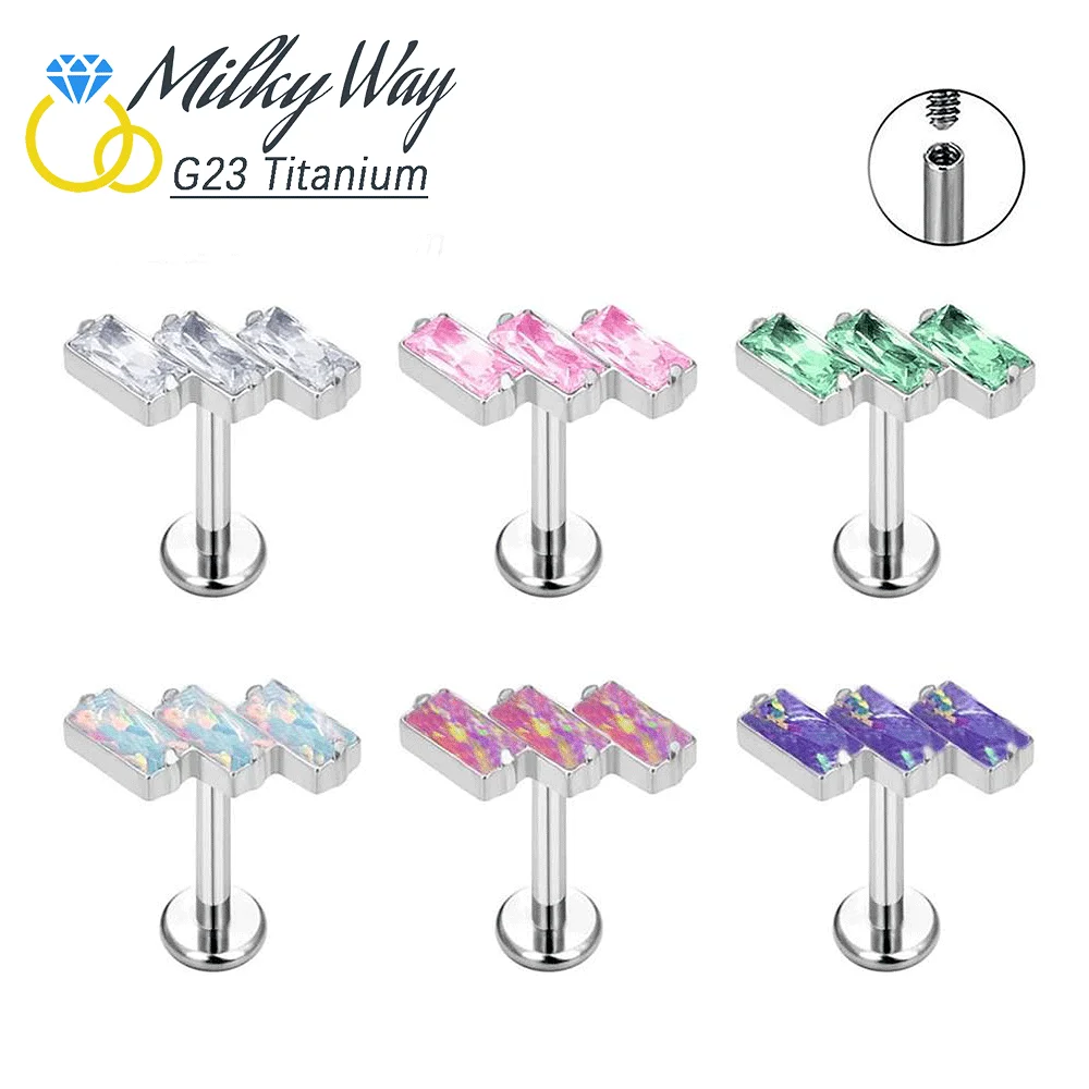 

G23 Titanium Flat Nose Piercing With CZ Opal Stones Labret Earrings for Women Ear Stud Jewelry Body Piercing Accessories