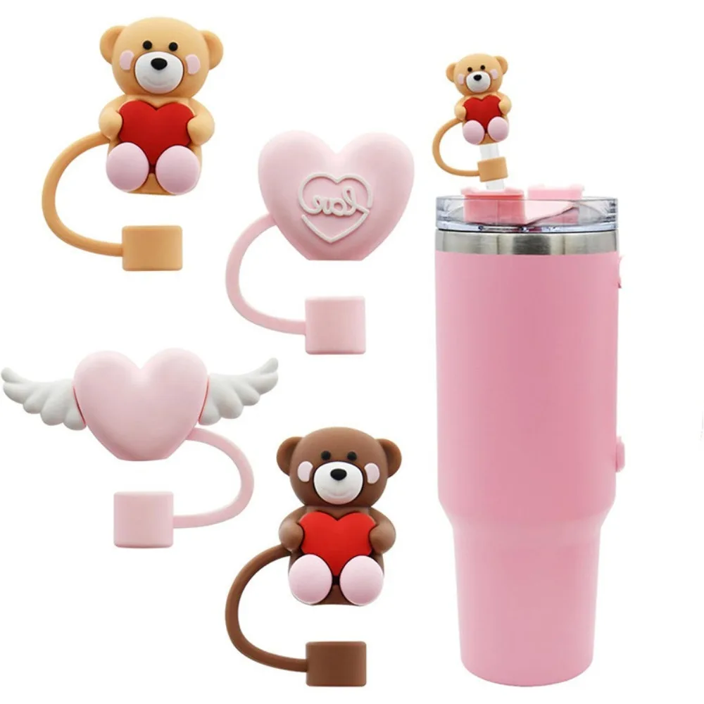 Kreative Cartoon Silikon Stroh Stecker Wiederverwendbare Trinkhalm Staub Kappe 3D Herz-förmigen 10mm Stroh Tipps Abdeckung Stroh topper Kappe