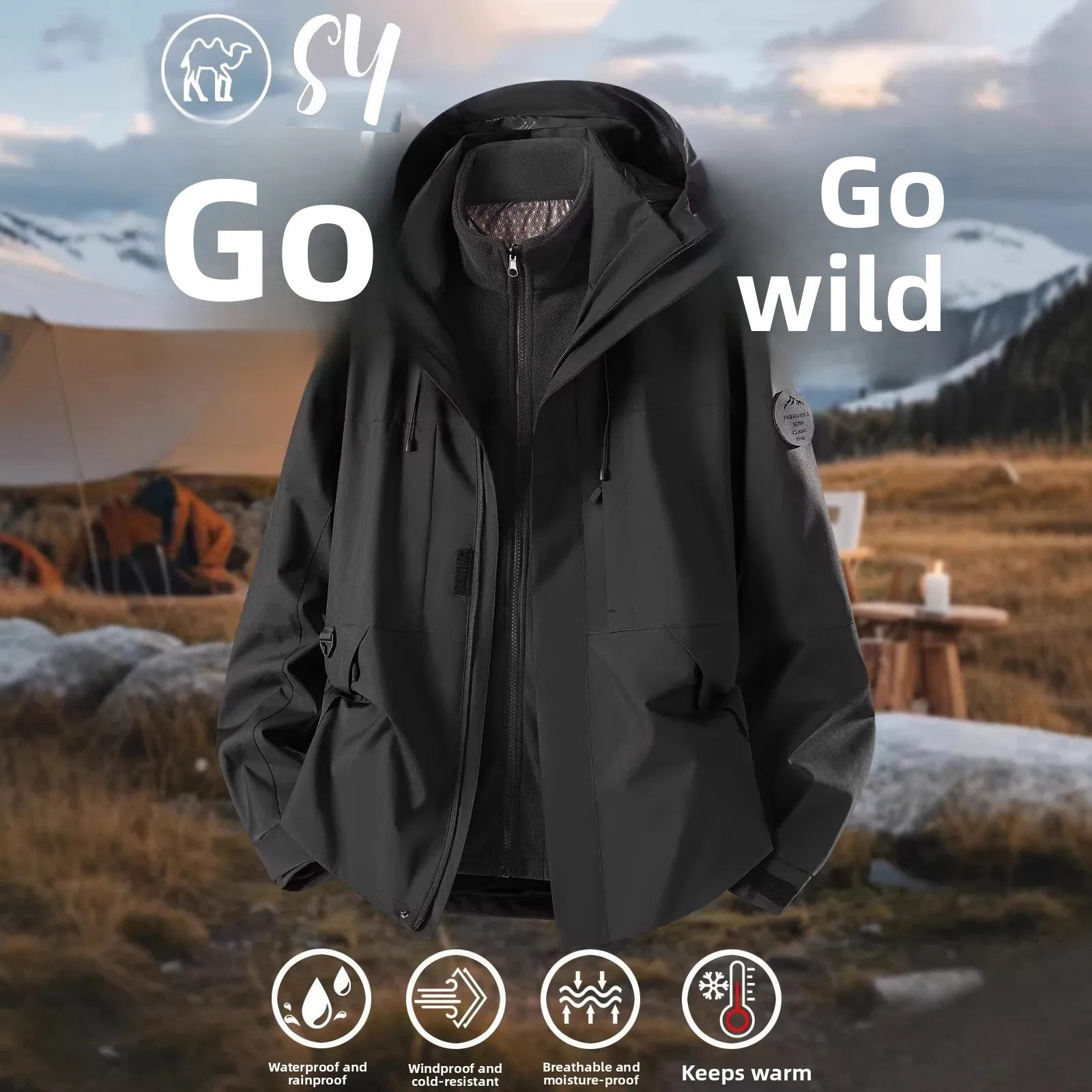 Unisex Three-in-One Fleece Lined Windproof Waterproof Hiking Jacket Outdoor Climbing Suit Breathable Polyester Fabric Coat