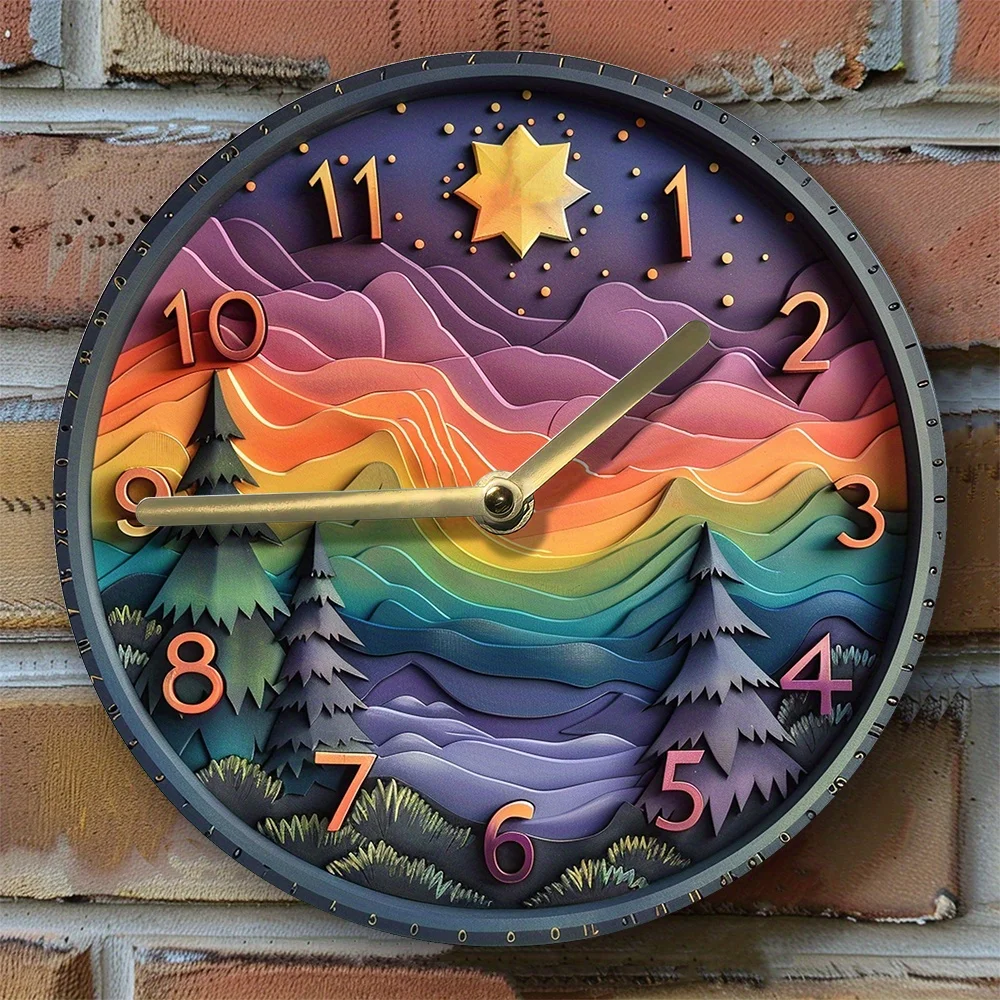 Silent Aluminum Wall Clock With Autumn & Northern Lights Theme - Perfect For Thanksgiving Decor, Diy Entrance Accent