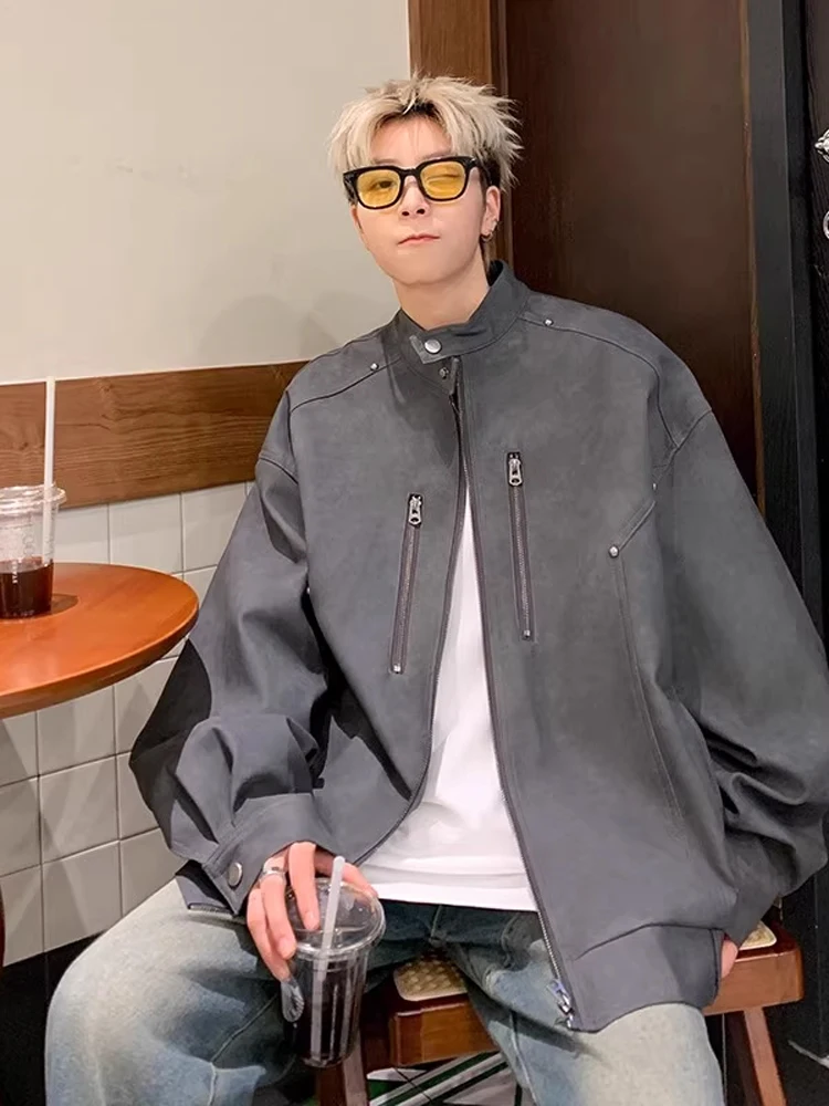 

Cleanfit American Sle Motorcycle Jaet Men's Design Sense Rivet Stand Collar PU Leather Coat Autumn Faion Outerwear