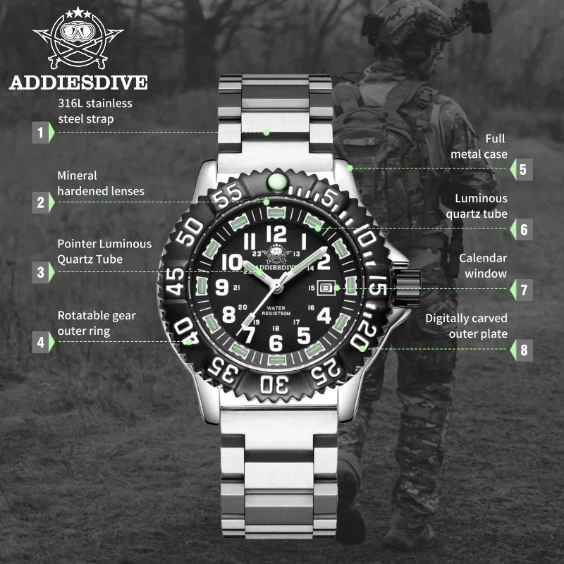 ADDIESDIVE Menâs Quartz Watch Water Resistant Luminous Analog Wristwatch Stainless Steel Calendar Sports Watches reloj hombre