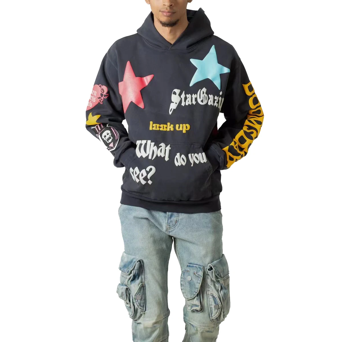 2024 Vintage Ins Graffiti Star Foaming Print Hoodie Loose Casual Mens Hooded Pullovers Kanye West Hip Hop Streetwear Sweatshirts