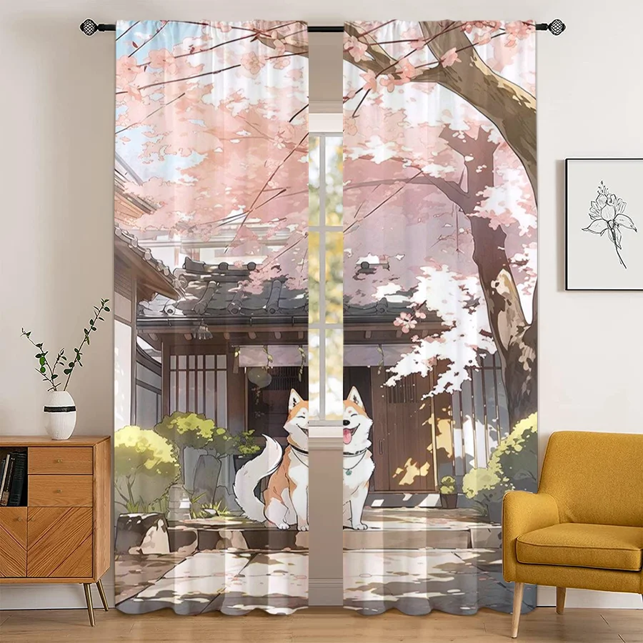 2PCS Cherry Blossom Shiba Inu Print Curtains, Japanese Anime Courtyard Scene Window Drapes for Bedroom Living Room Decor