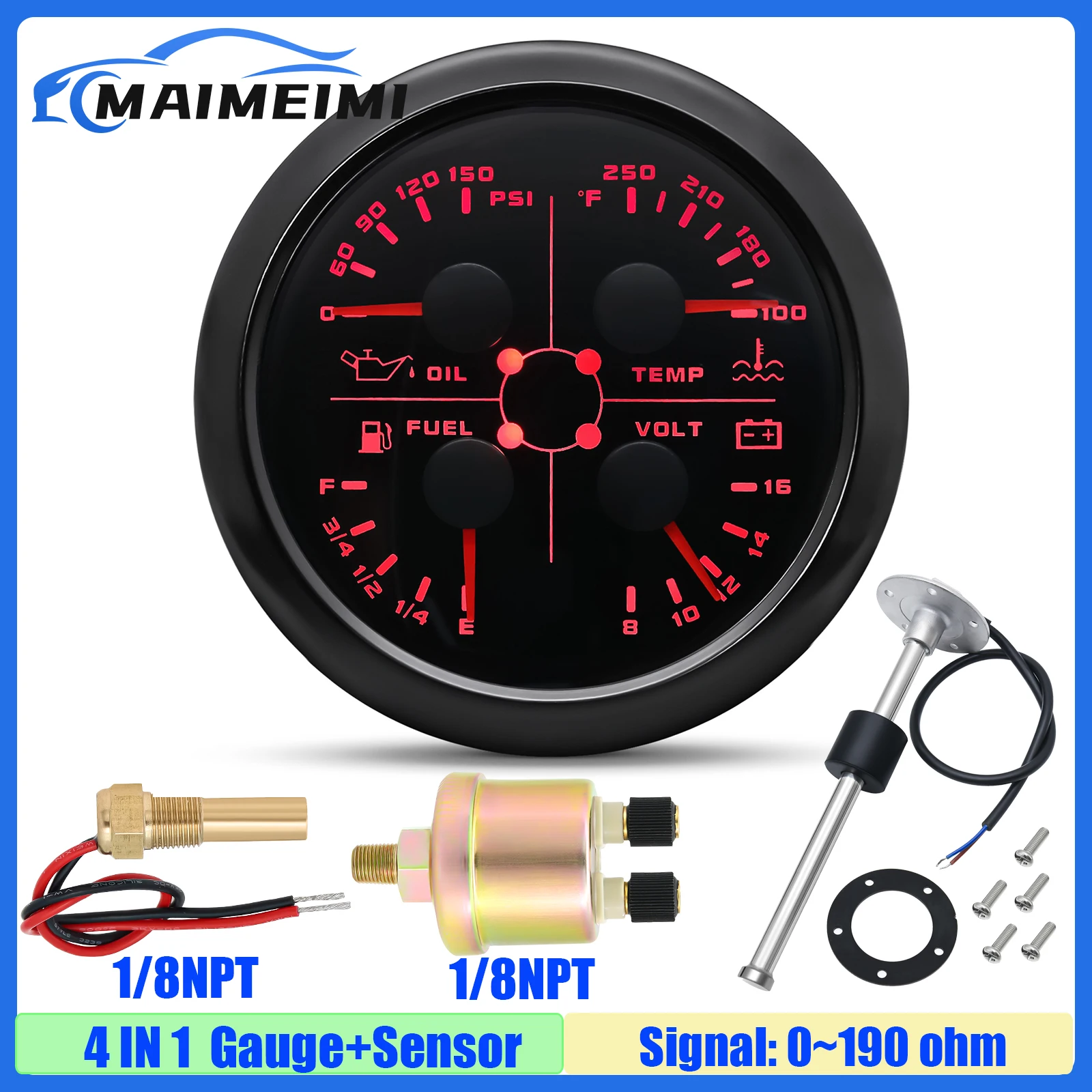 Red LED 85mm Gauge with Alarm 4 IN 1 Water Temp Meter/Oil Pressure/Fuel Gauge/Voltage+ 0-190 ohm Fuel Level Sensor 100-550mm 12V