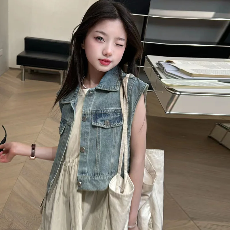 

Korean Summer Junior Girl Clothing Set Teenager Girl Sleeveless Cotton Dress+Denim Single-breasted Vest Students Clothes Sets