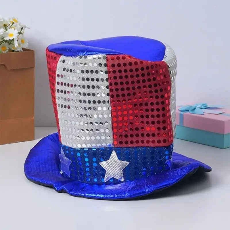 39BD July 4th Carnival Celebration Top Hat Glittering Sequins Hat Festival Headwear