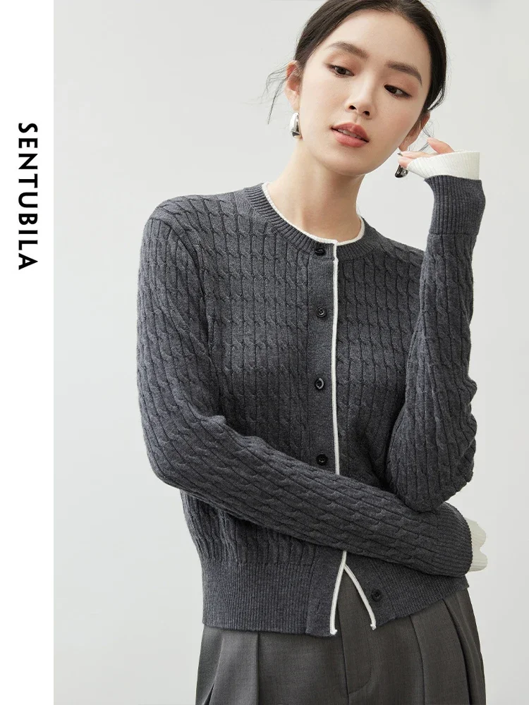 

SENTUBILA Women Patchwork Gray Cardigans 2024 Autumn Fashion Casual Cable Knitted Wool Blend Knitwear Female Knit Tops W43E56571