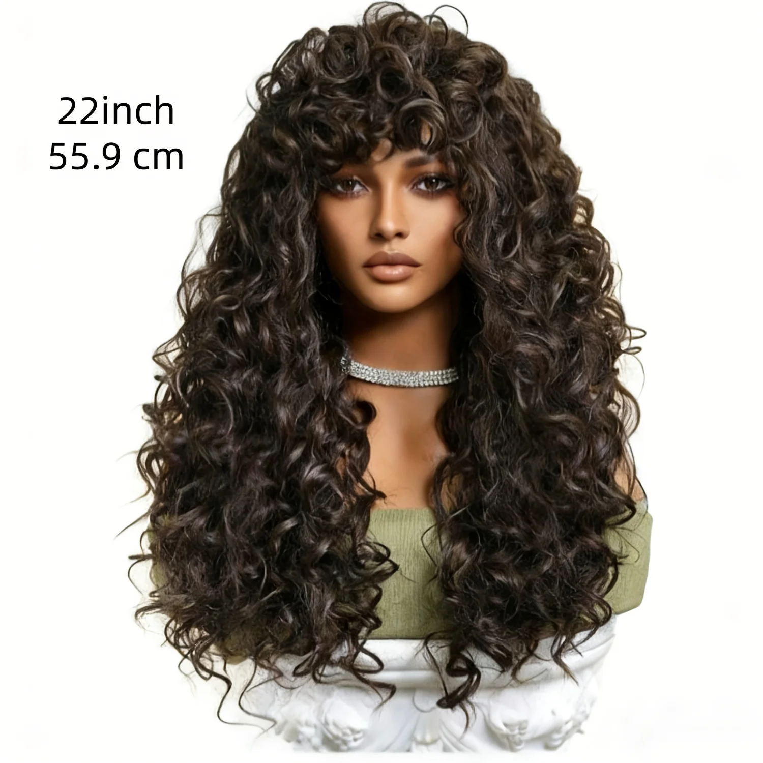 22-inch Deep Brown Wig with Bangs, Women's - Long Curly Hairstyle, Voluminous Synthetic Wig, Heat-Resistant and Easy to Style
