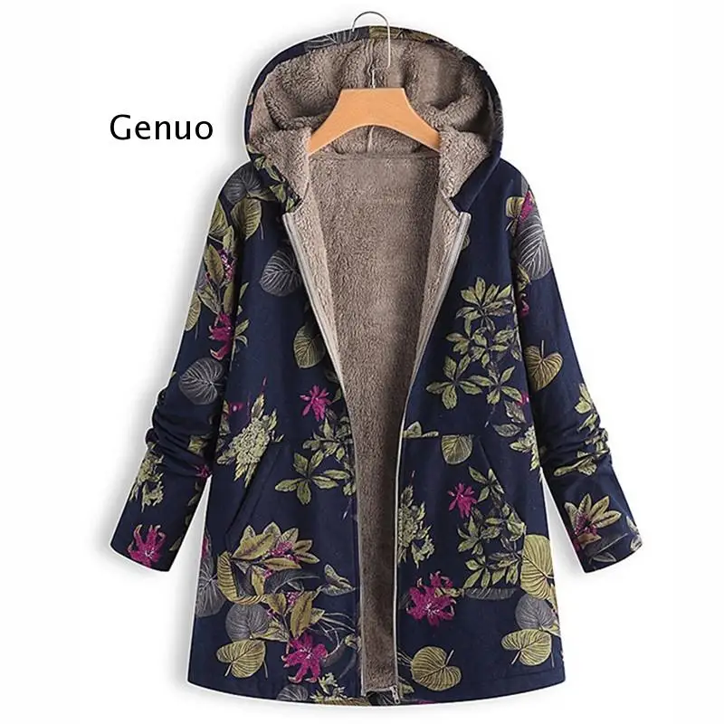 Women Vintage Warm Coats Autumn Winter Casual Printed Fashion Hooded Outwear Plus Size Long Sleeve Zipper Jackets Coats