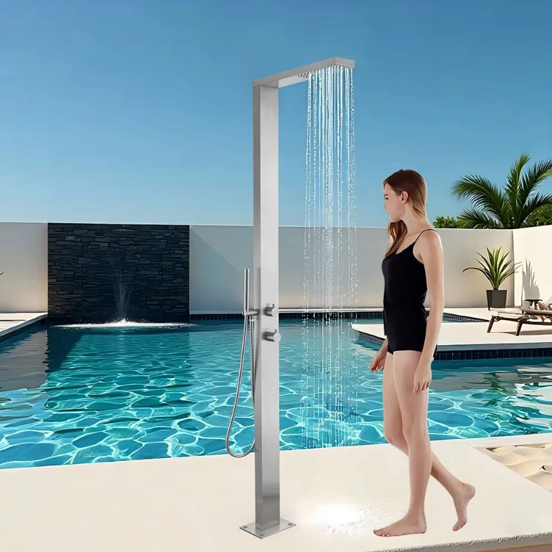 

Современный квадратный душевой смеситель из нержавеющей стали 304, напольный, функциональный, для улицы, для бассейна, с ручной лейкой.