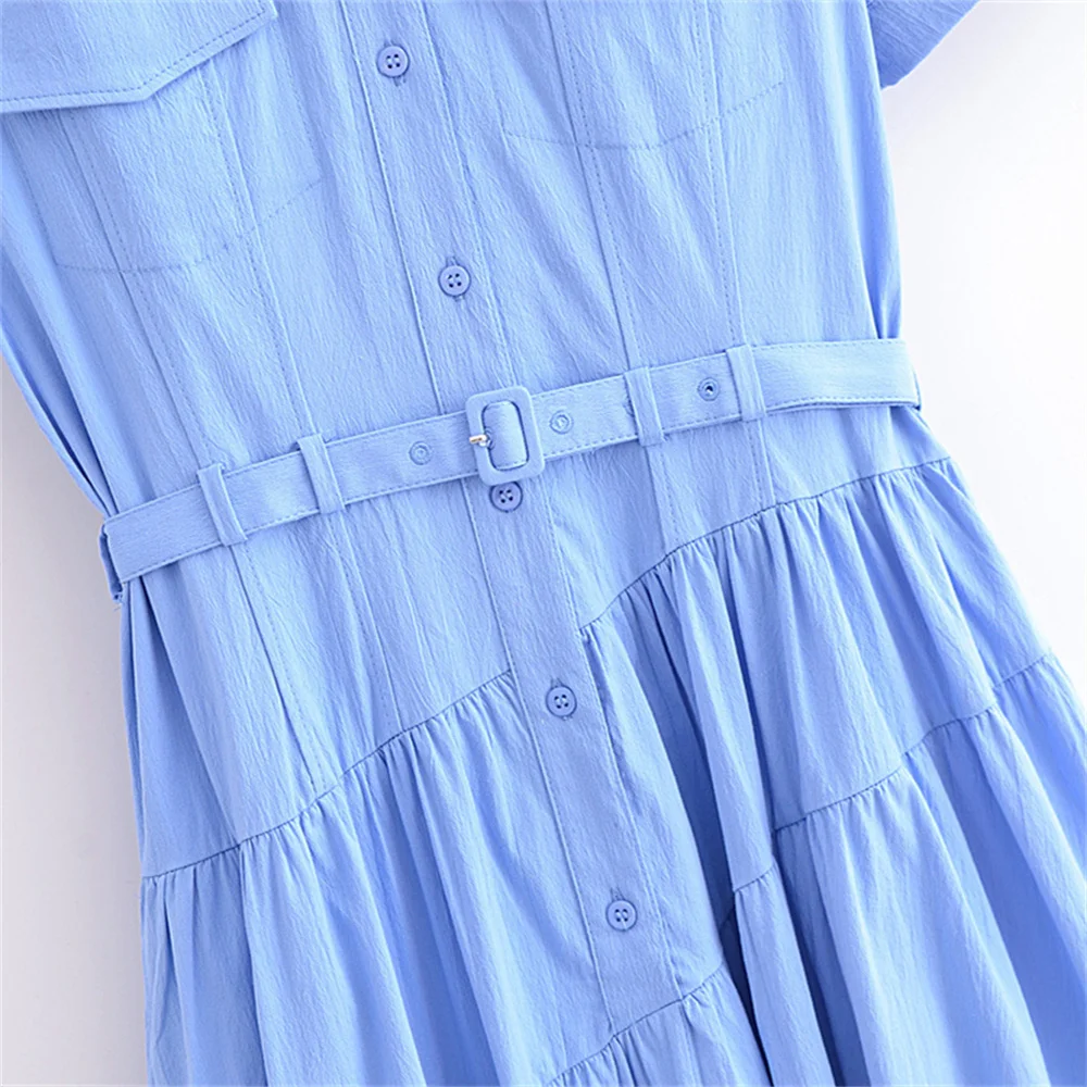 2024ZAR4 Summer New Women\'s European and American Luxury Instagram Style with Belt Shirt Short Sleeve Wide Swing Dress