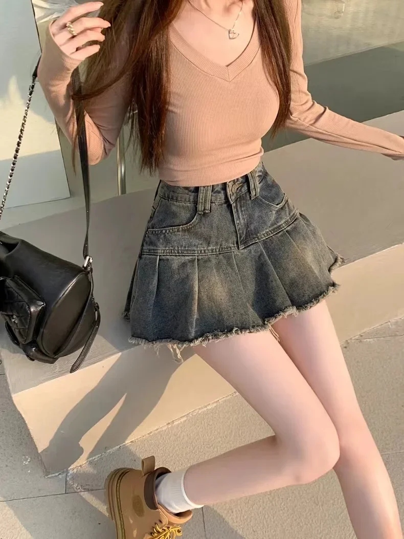 

American Retro Denim Short Skirt, Summer Thin Spice Girl Design, A-line Pleated Skirt, High-waisted Slimming Half Body Skirts