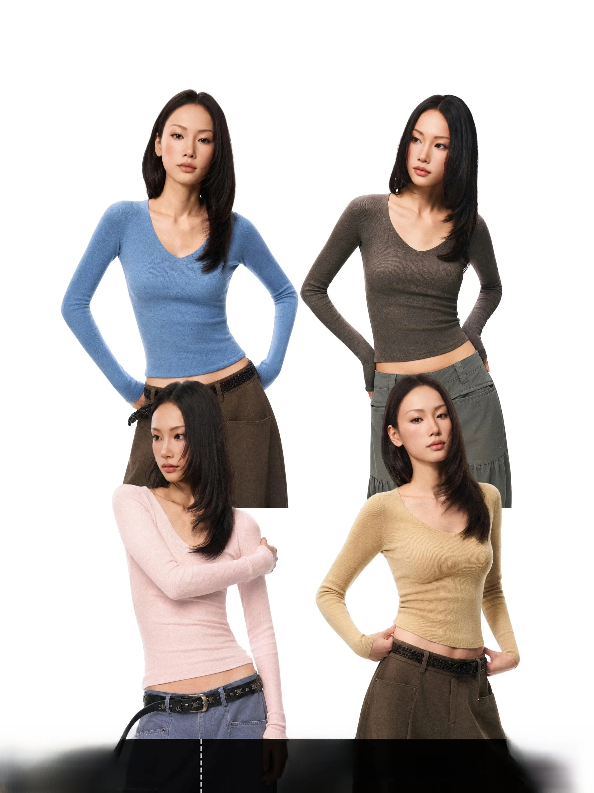 Slim Fit Long Sleeve Knitted T-Shirt Women's Basic Style Casual Fashion V-Neck Short Length GO GO BURN Autumn New Arrival