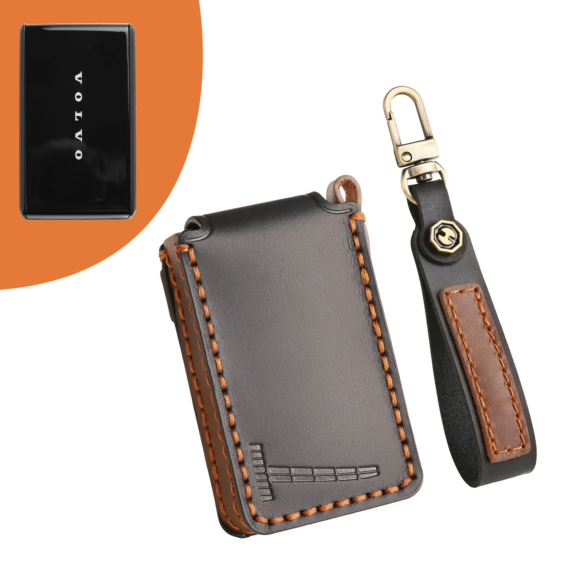 Genuine Leather Key Case for Volvo EX30 Bluetooth Key Retro Handmade Smart Key Cover Protector with Wrist Strap and Metal Hook
