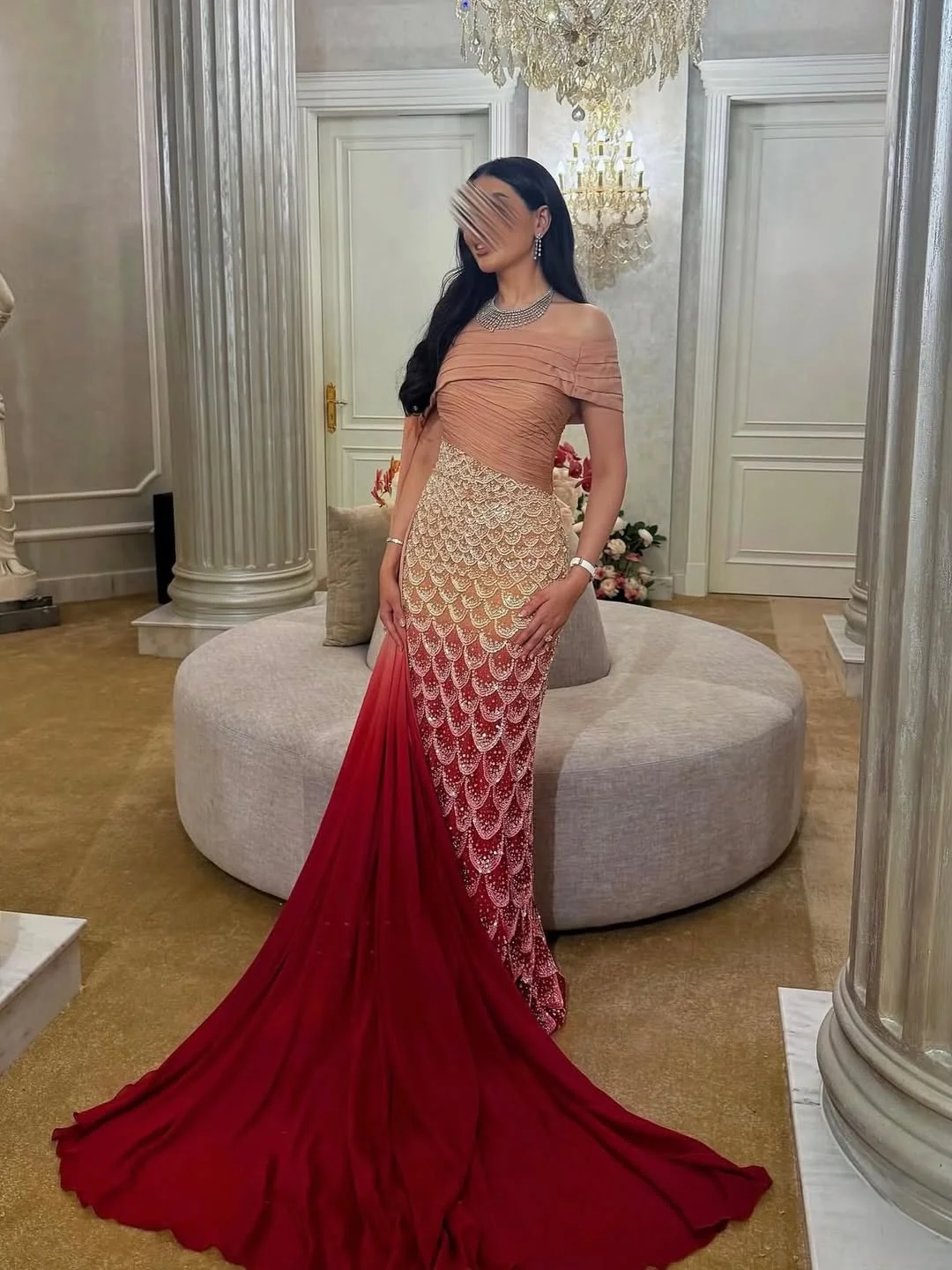 LumiGown Custom Luxury Hand Beaded Gradient Mermaid Gown Off Shoulder Scale Beaded Tulle Long Train Elegant Evening Dress