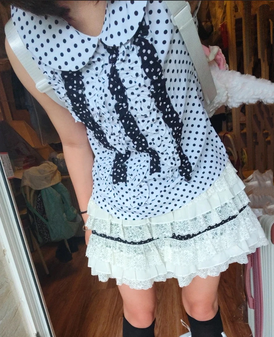 

2000s Harajuku Vintage Slim Polka Dot 2 Piece Skirt Sets Kawaii Peter Pan Collar Sleeveless Top + Cake Mini Skirts Lolita Suits