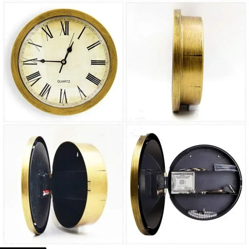 1pcs Copper Retro Wall Clock Jewerly Storage Safe Home Decoration Valuables Safe Hidden Storage Box