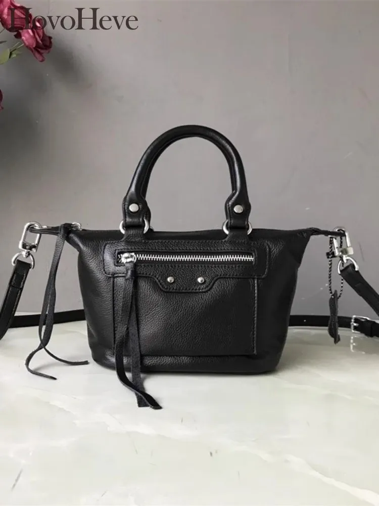 Women Small Tote Black Cowskin Genuine Leather Single Shoulder Bag Zip Casual Handbag Ladies Fashion Motorcycle Crossbody Bags