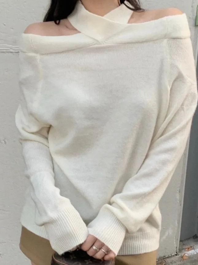 

Ele Chic Women's Knitted Cross-Ne oulder Bared Long Sve Casual Loose Fit Polyester Fiber Spring New Arrival