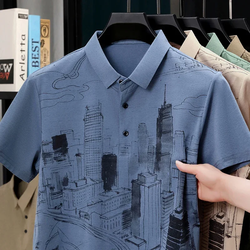 Mens Short Sleeve Line Drawing All Over Print Polo Tees Classic Three Button Placket Slim Fit Lightweight Fashion Tops For Men